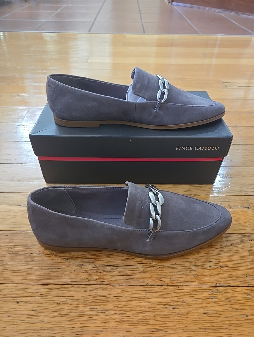 Vince Camuto Smokey Gray Suede Chain-Trim Loafers Women's Size 10M